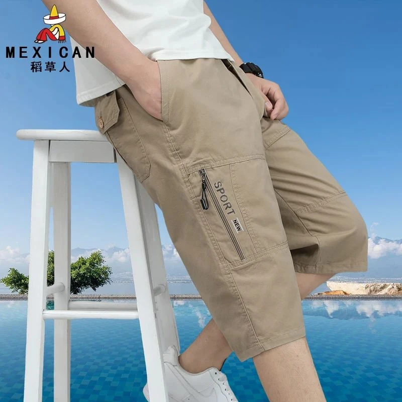 稻草人夏季男士七分裤纯棉薄款短裤大码中老年男款中裤多口袋宽松