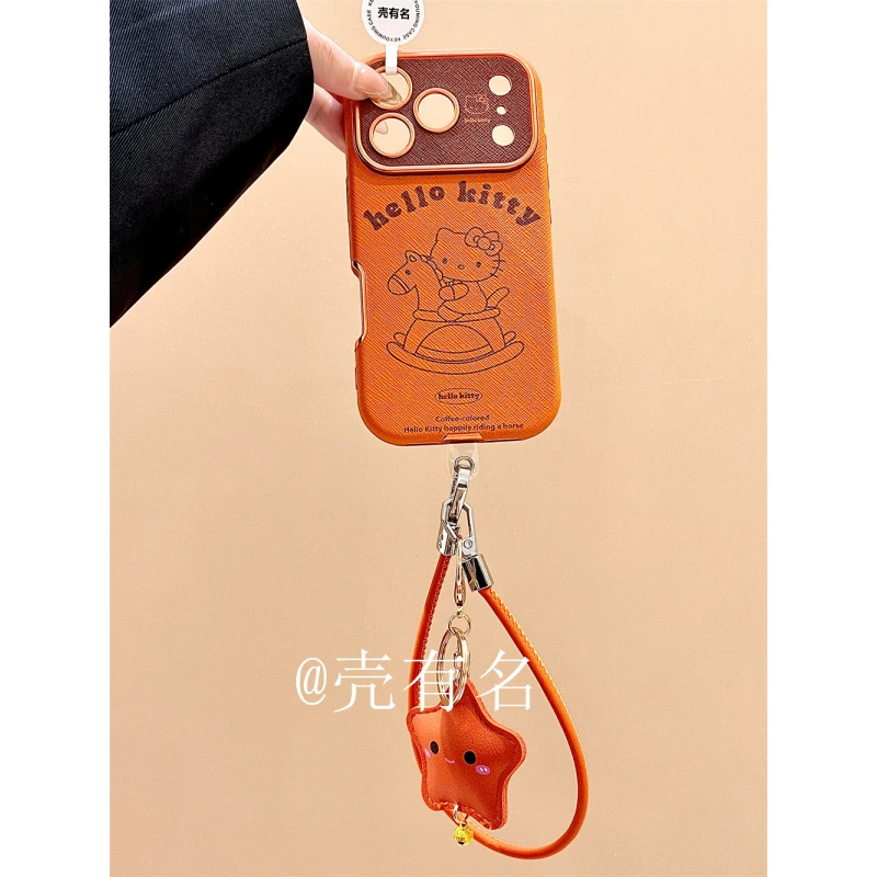 卡通橙底线条摇摇马kitty挂绳适用苹果17手机壳iPhone16/15少女14