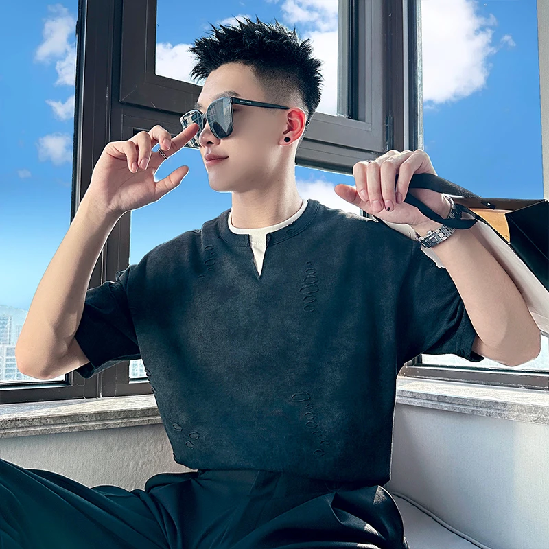 假两件短袖t恤男夏季ins潮牌半袖上衣2025新款潮流休闲宽松体恤衫