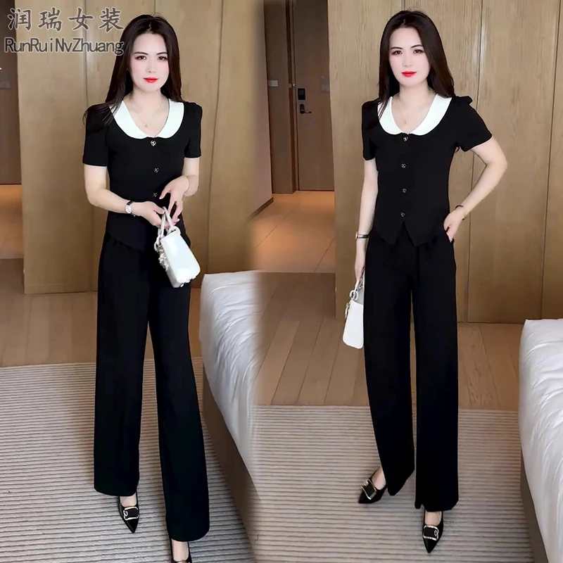 网红娃娃领极简风拼接短袖套装T恤纯色女装宽松短款夏装两件套