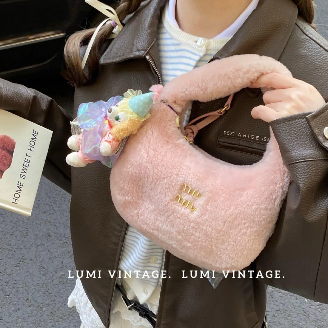95新 MIU MIU/缪缪 小号wander粉色毛毛单肩包89607399