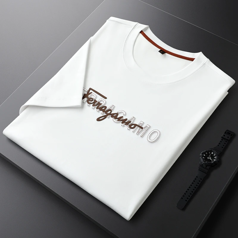 费维莫尔纯棉字母印花圆领休闲运动T恤男短袖薄款欧货男士上衣