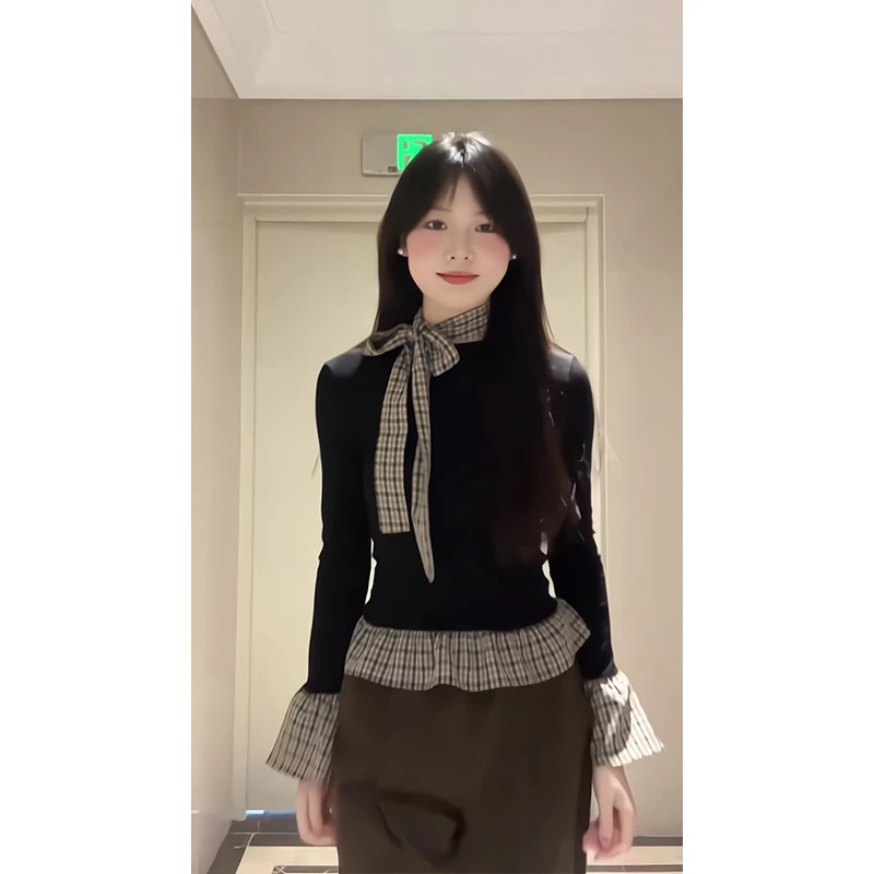 2024新款女秋冬季韩系假两件格纹拼接修身长袖T恤高腰宽松阔腿裤