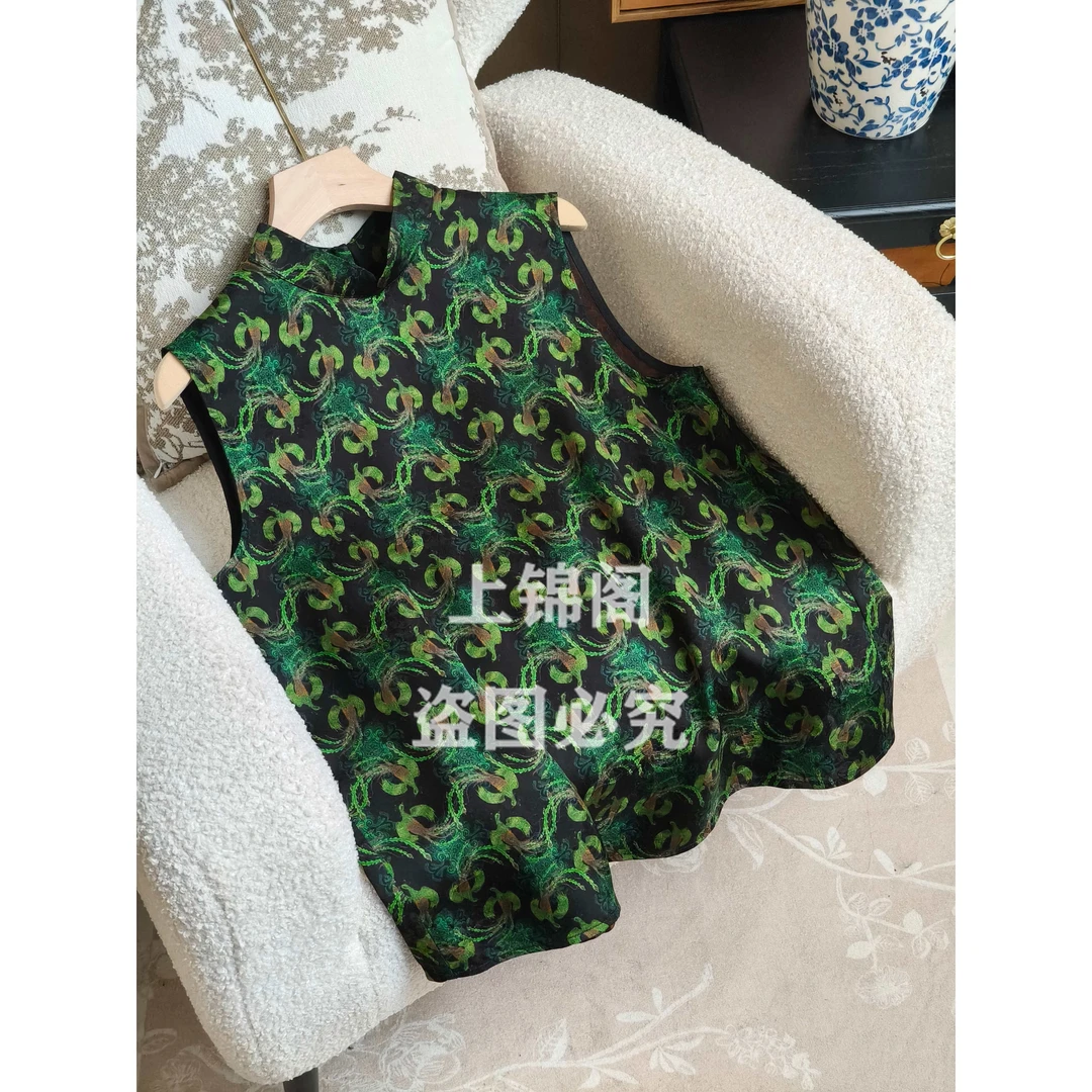 620新中式无袖立领碎花上衣休闲绿色夏季中国风百搭洋气复古女装