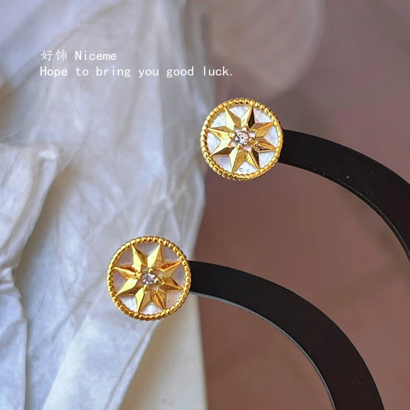 铜合金仿珍珠耳饰 法式精致八芒星白贝罗盘简约耳钉百搭锁骨链