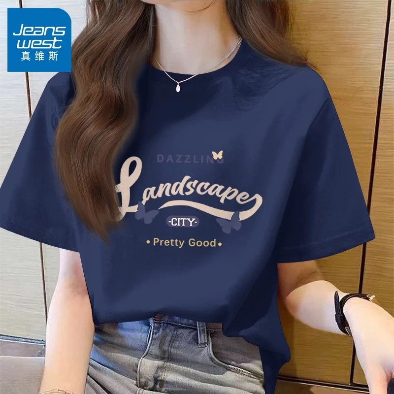 真维斯藏青色短袖t恤女夏季2025新款韩系设计感宽松休闲纯棉上衣X