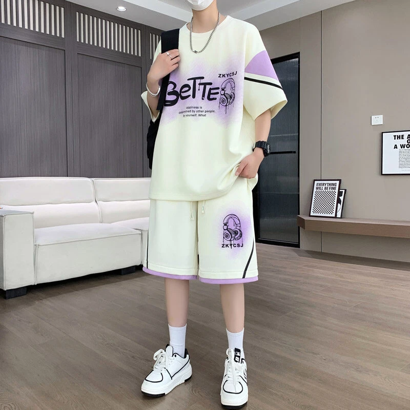 夏季青少年日常休闲通用字母夏季宽松型渐变T恤时尚帅气运动套装