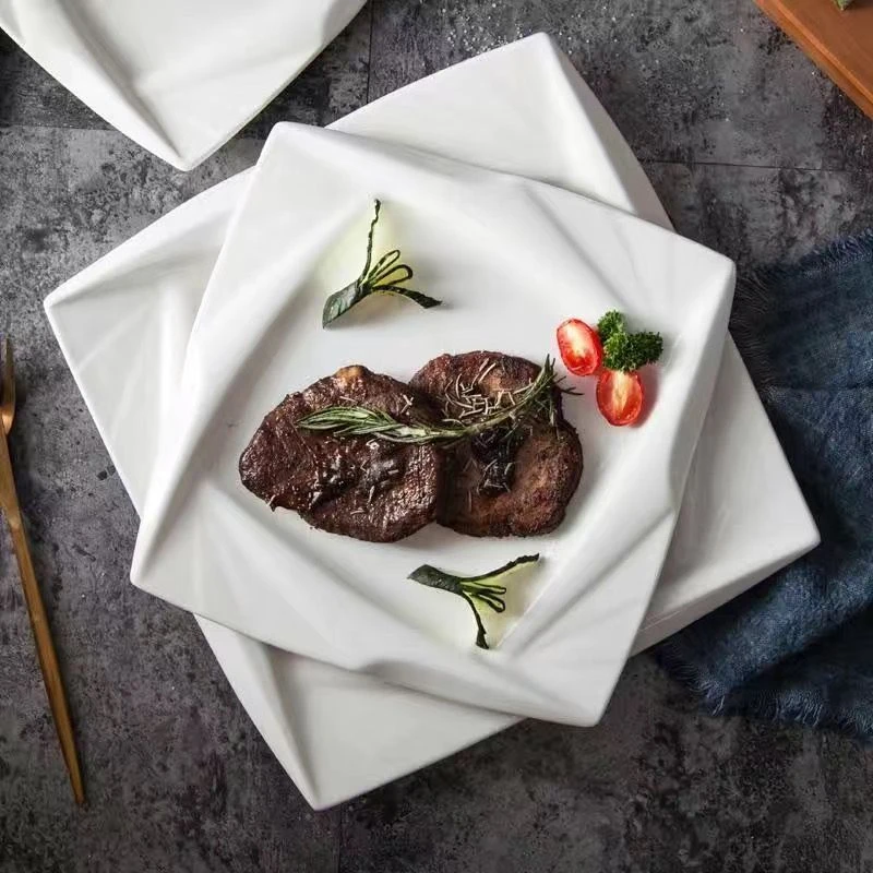 饭店炒菜盘子正方形转角盘酒店后厨餐具陶瓷纯白色小吃碟热菜碟子