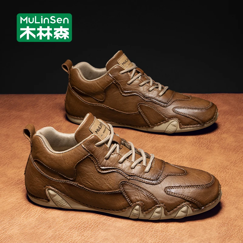 木林森舒适男鞋2025新款皮面工作休闲鞋男士中帮复古运动工装潮鞋