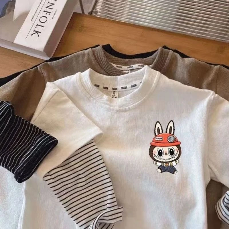 春季爆款洋气时髦条纹假两件卡通拉布布T恤长袖开学酷帅百搭上衣t