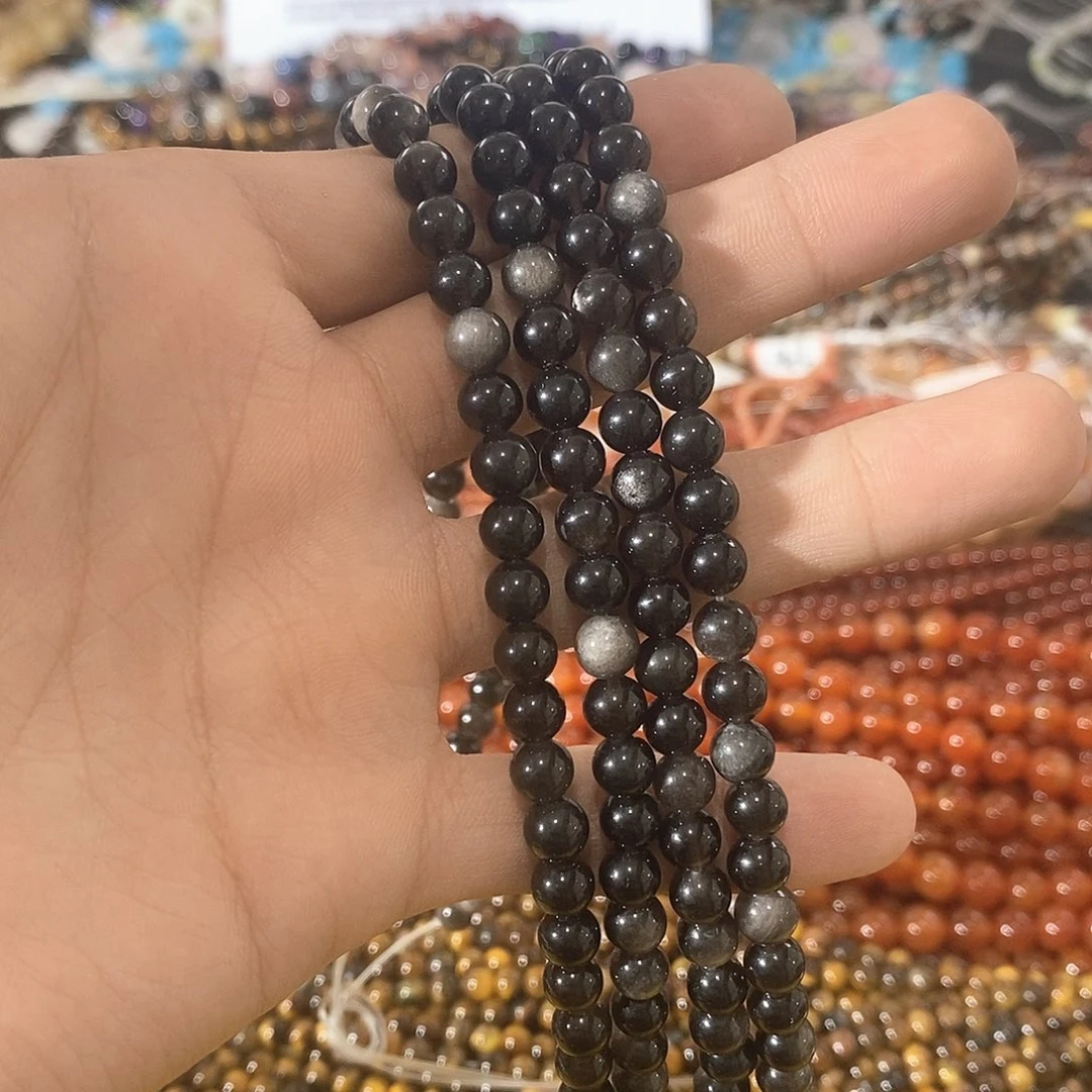 玛瑙/玉髓合金珠宝半成品一条天然6mm银曜圆珠