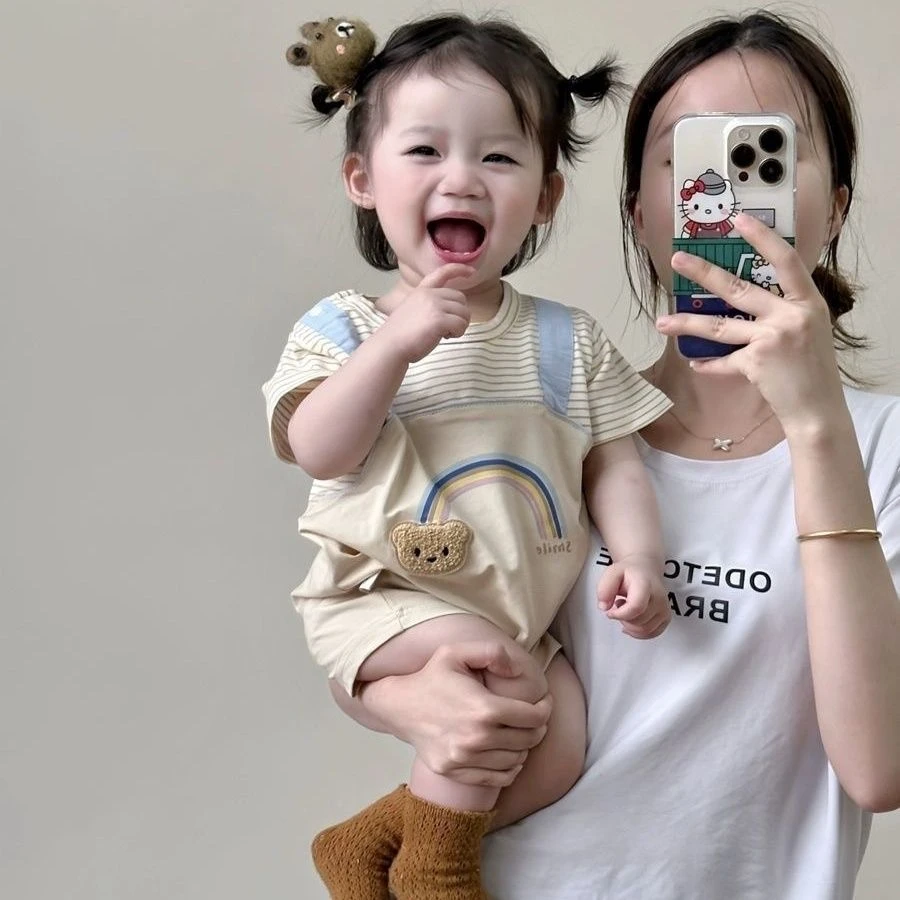 2025A类婴幼儿衣服夏季薄款连体衣新生儿宝宝假两件小熊短袖拼接