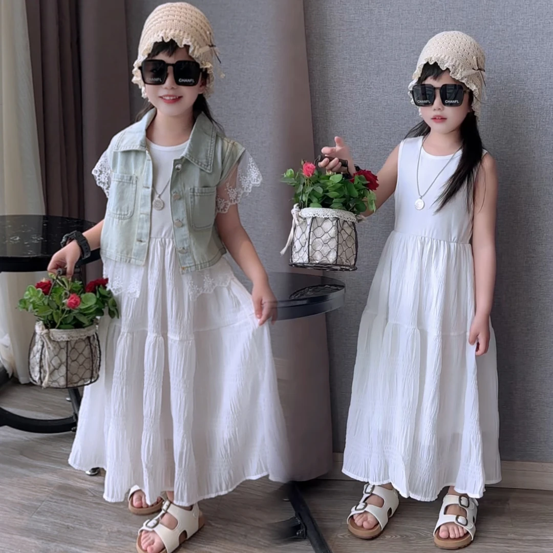 2025新款女童夏装套装女孩洋气夏季牛仔马甲连衣裙两件套儿童网红