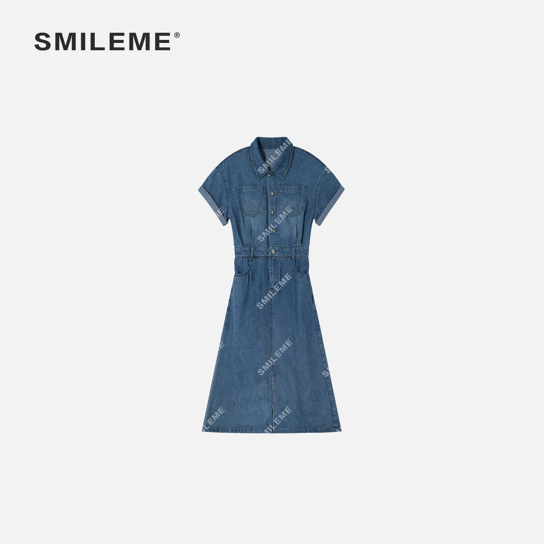 2-SMILEME【云柔丹宁】夏季款蓝色重工气质时尚设计牛仔短袖连衣裙