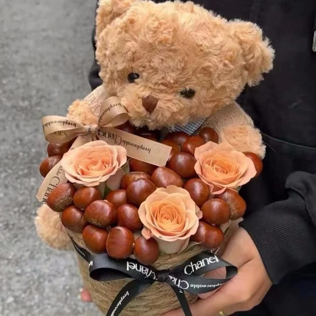 【板栗熊】3朵卡布奇诺可爱小熊抱抱桶鲜花板栗花束送女朋友送老婆生日鲜花女士花店送花上门