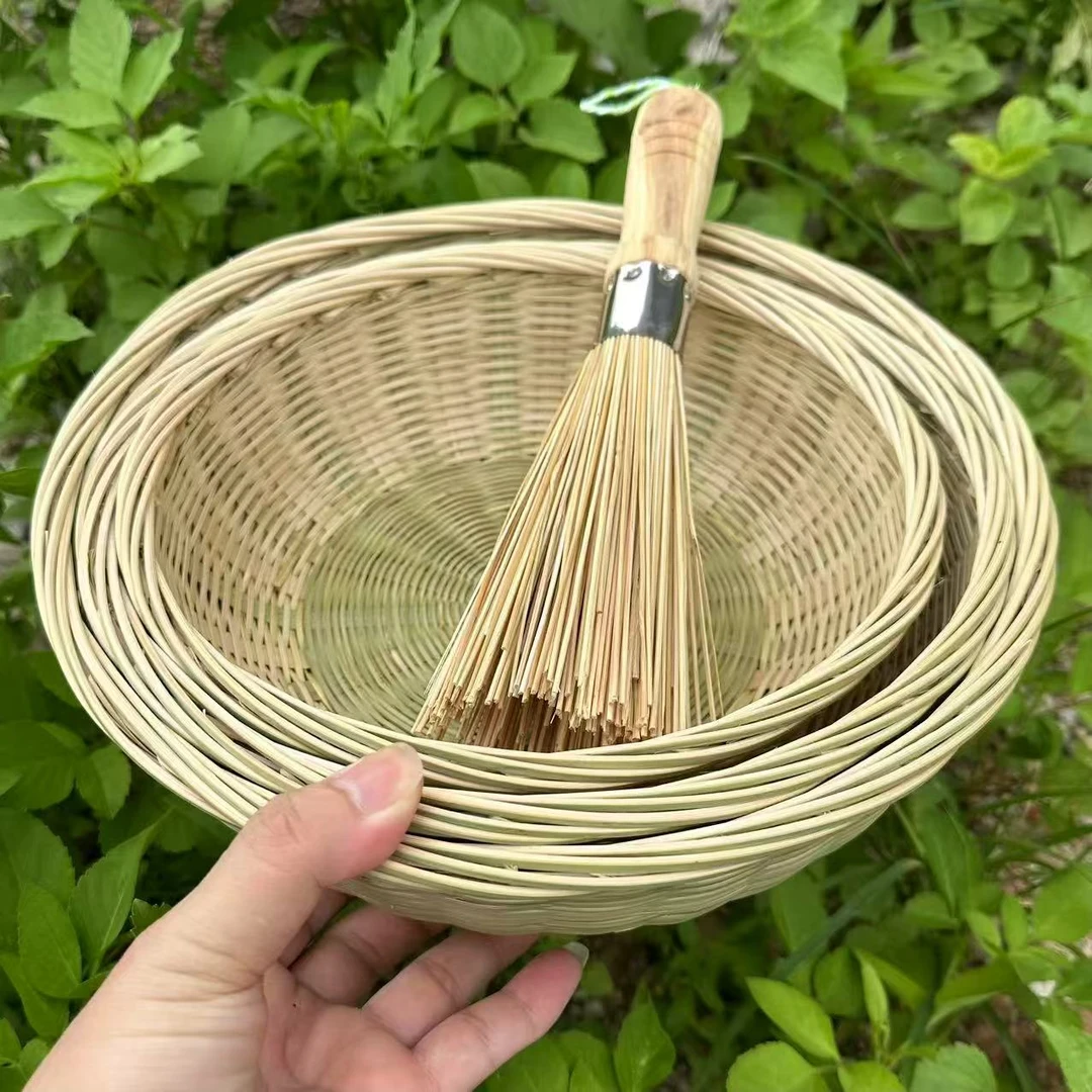竹青款手工编织青丝篮馒头筐收纳筐三件套22-25-27cm（送刷子）