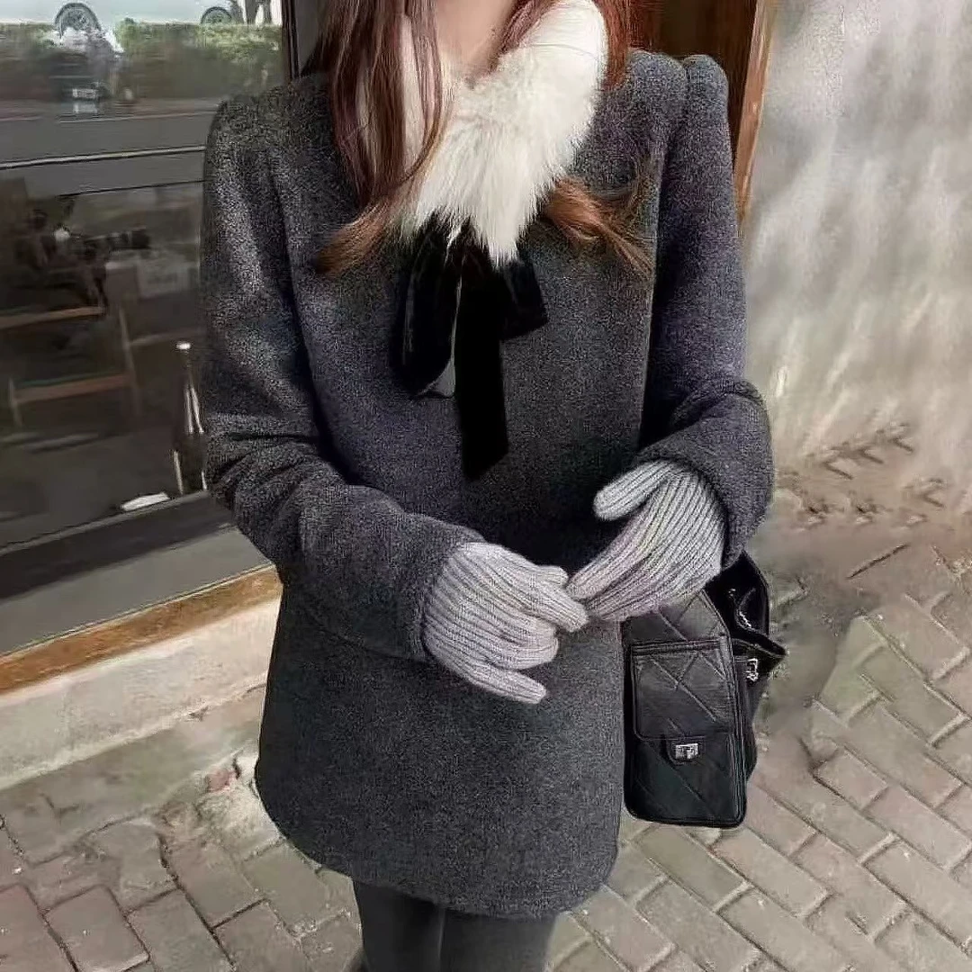 毛毛围脖毛呢开扣上衣+松紧腰半裙3件套裙冬厚料