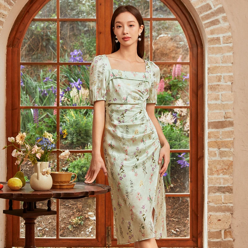 【千颂妮专享】DOUBLOVE浪漫桑蚕丝印花连衣裙收腰茶歇裙灯笼袖