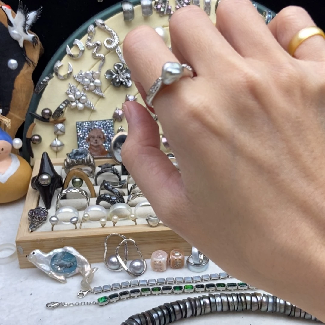 银S925镶嵌海水珍珠画框牛油果keshi戒指