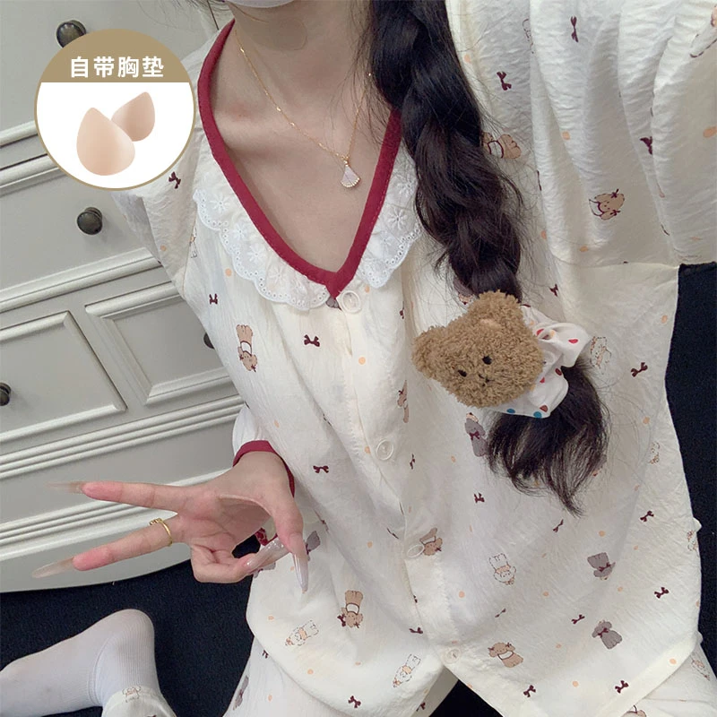 带胸垫卡通小狗云朵棉睡衣女款春秋季爆款长袖长裤家居服两件套装