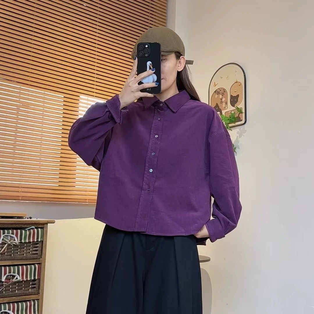 2025长袖秋季女士灯芯绒复古小众衬衣