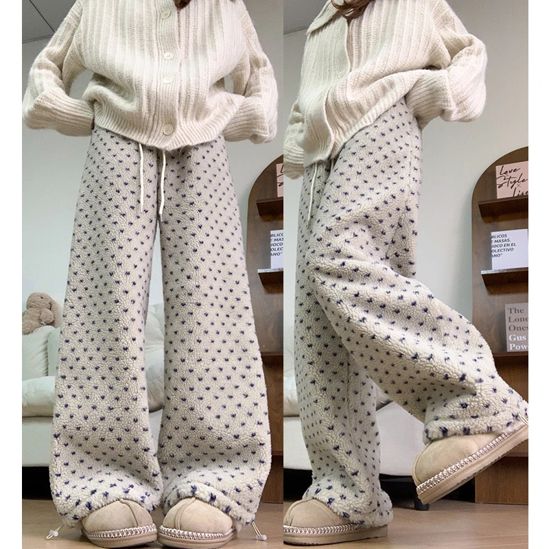 米白色波点提花羊羔绒运动卫裤女秋冬2025高腰加绒加厚慵懒阔腿裤