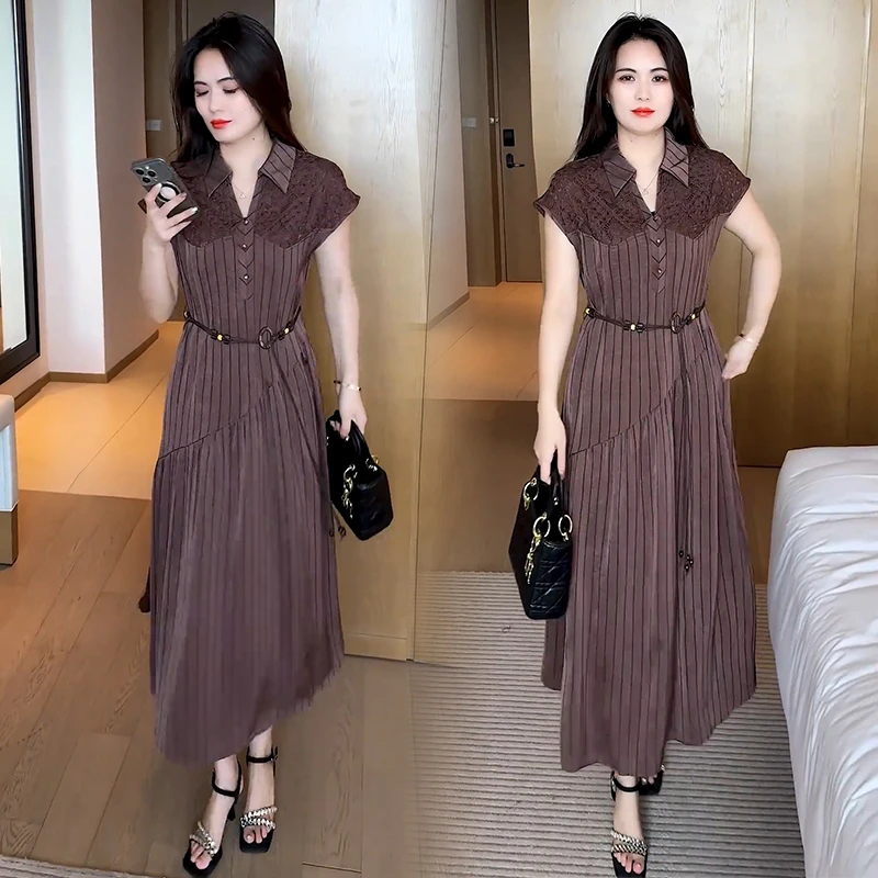 条纹连衣裙女2025夏季新款洋气质收腰显瘦蕾丝拼接中长款减龄裙子