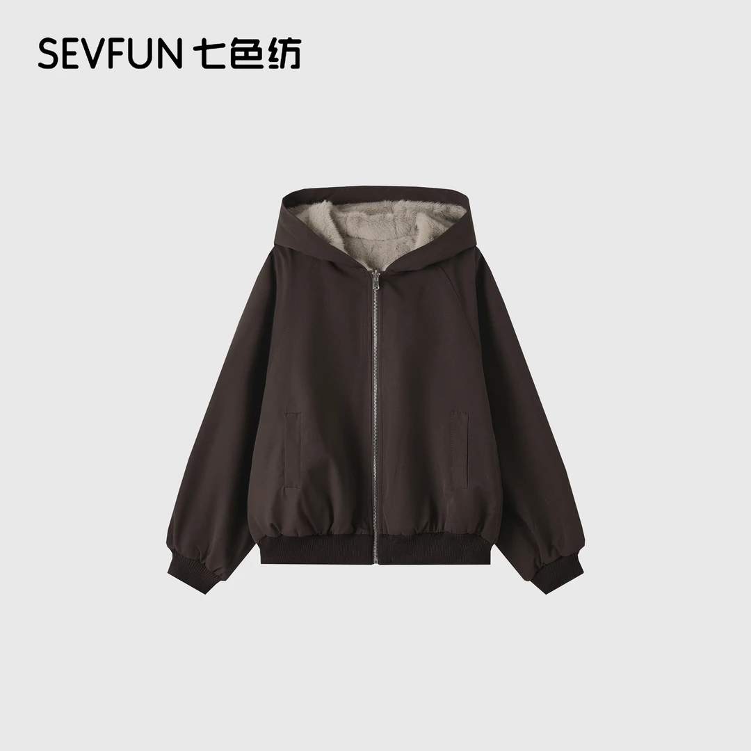 七色纺2025新款厚款保暖连帽耐磨皮毛衣双面穿短外套QSF-1090-K