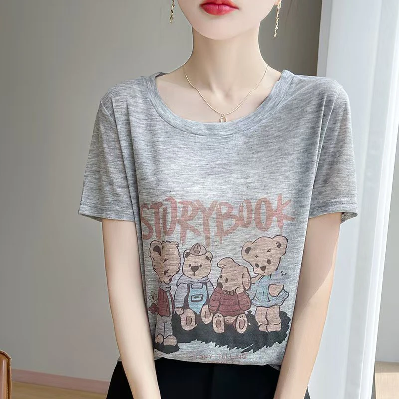 2025夏季新款卡通小熊短袖女装上衣圆领时尚显瘦T恤女