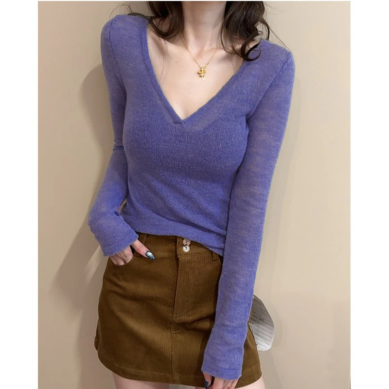 【欧货】法式V领轻薄显瘦保暖T恤女秋冬打底针织衫