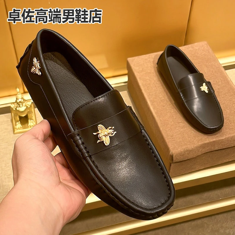 2025夏季高端潮牌小蜜蜂印花豆豆鞋男士高档英伦商务真皮休闲皮鞋