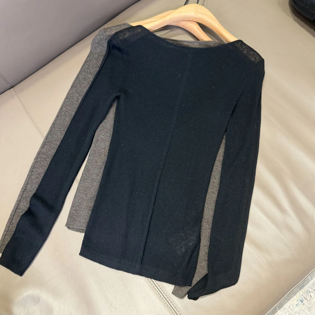 L慕溢-25时尚黑灰双色圆领网纱修身打底