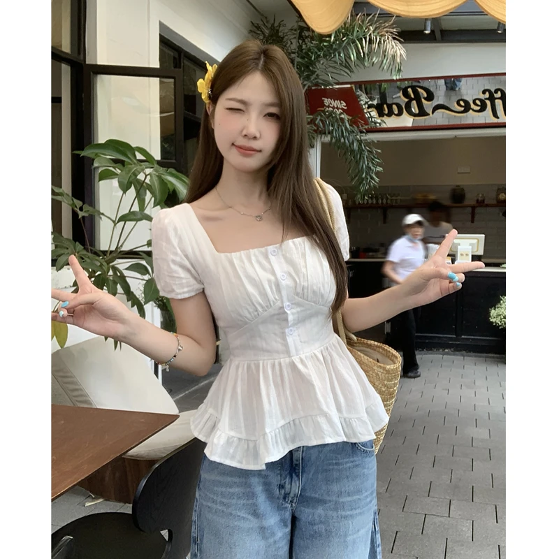 2025夏新款大码女装风波点收腰显瘦衬衫一字肩洋气方领上衣8219