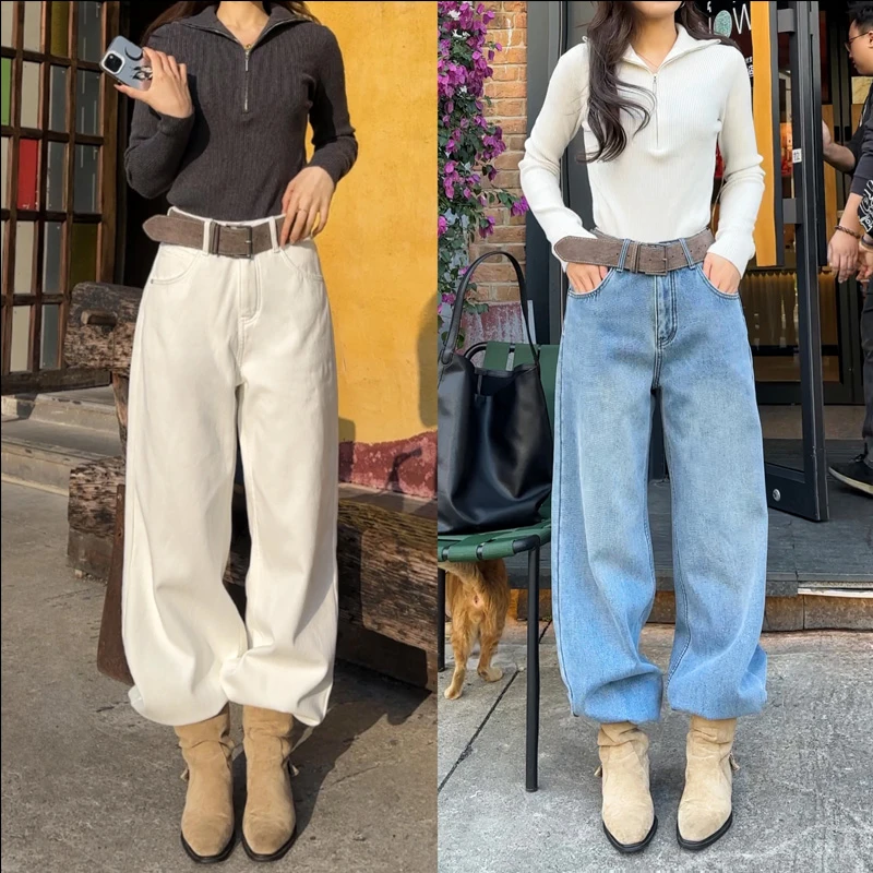 30126窄版直筒裤加绒显瘦牛仔裤女2025年新款洗水软牛仔休闲裤女
