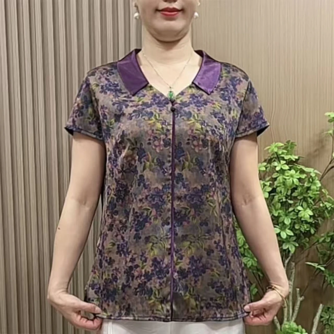 8619气质妈妈装夏季碎花小衫2025新款中老年女装夏季翻领短款上衣