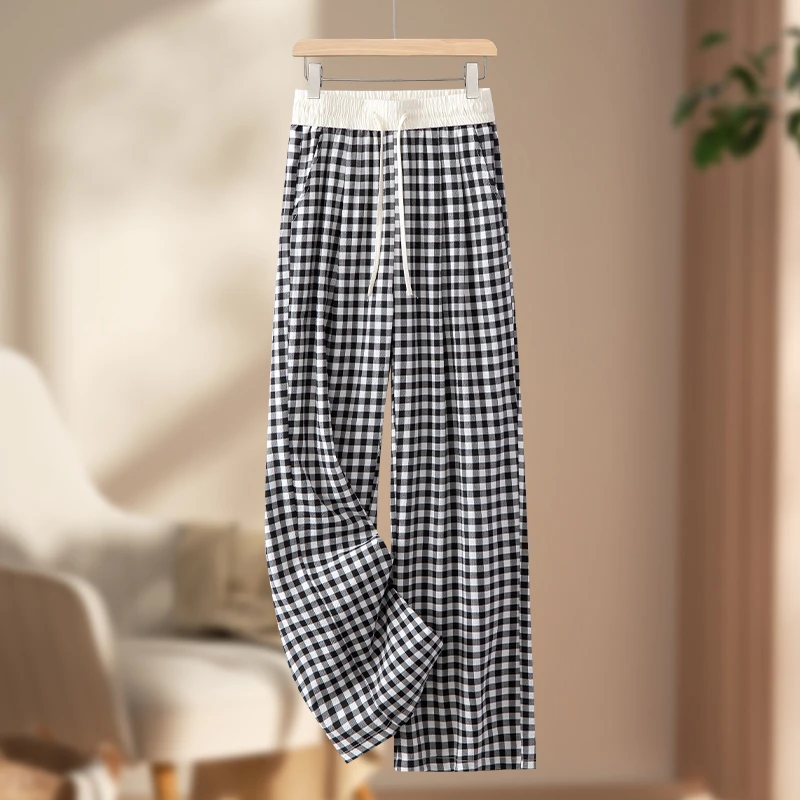 2025春夏新款休闲格子裤女松紧腰显瘦直筒阔腿裤宽松百搭ins长裤