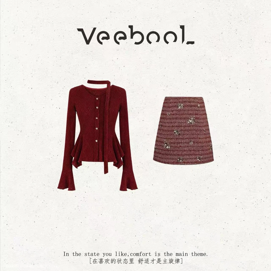 薇宝儿 Veebool【红酒微醺】秋冬红色高级感轻奢短裙时尚套装女装