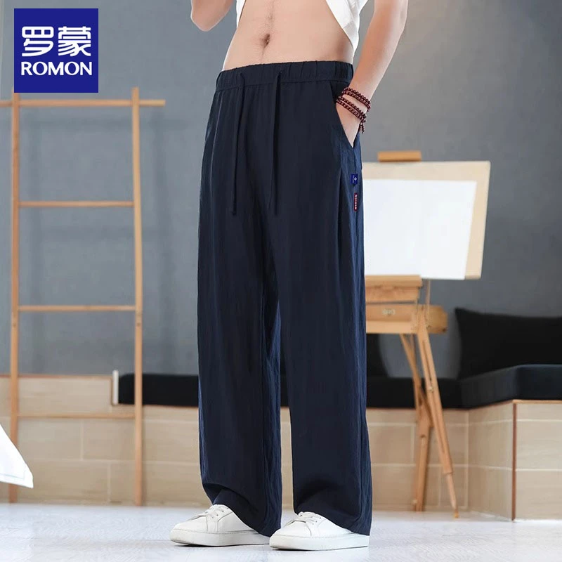 Romon/罗蒙亚麻裤子男夏季薄款棉麻裤子男冰丝直筒阔腿裤垂感男裤