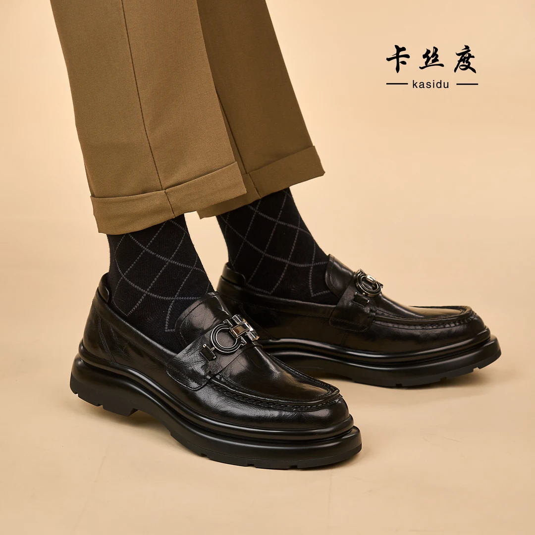 秋冬新款男士手抓纹时尚百搭厚底增高休闲皮鞋软底真皮乐福鞋