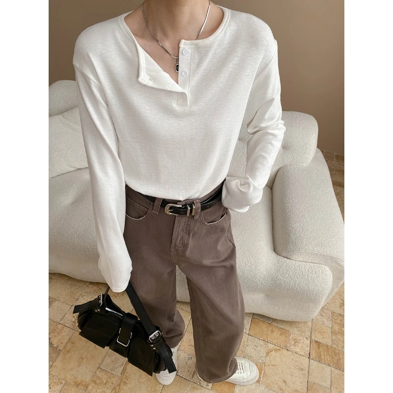 舒适莱赛尔天丝纽扣秋季圆领宽松洋气长袖T恤外穿百搭韩版显瘦