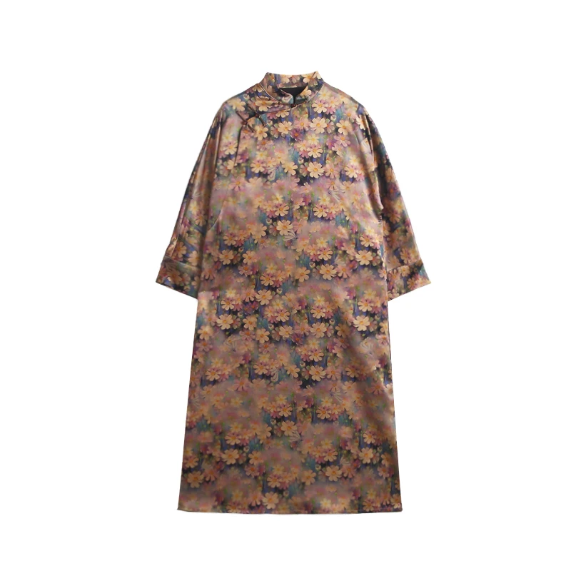 40姆满分桑蚕丝前喷重缎香云纱蓝地五彩小雏菊改良国风旗袍12202A