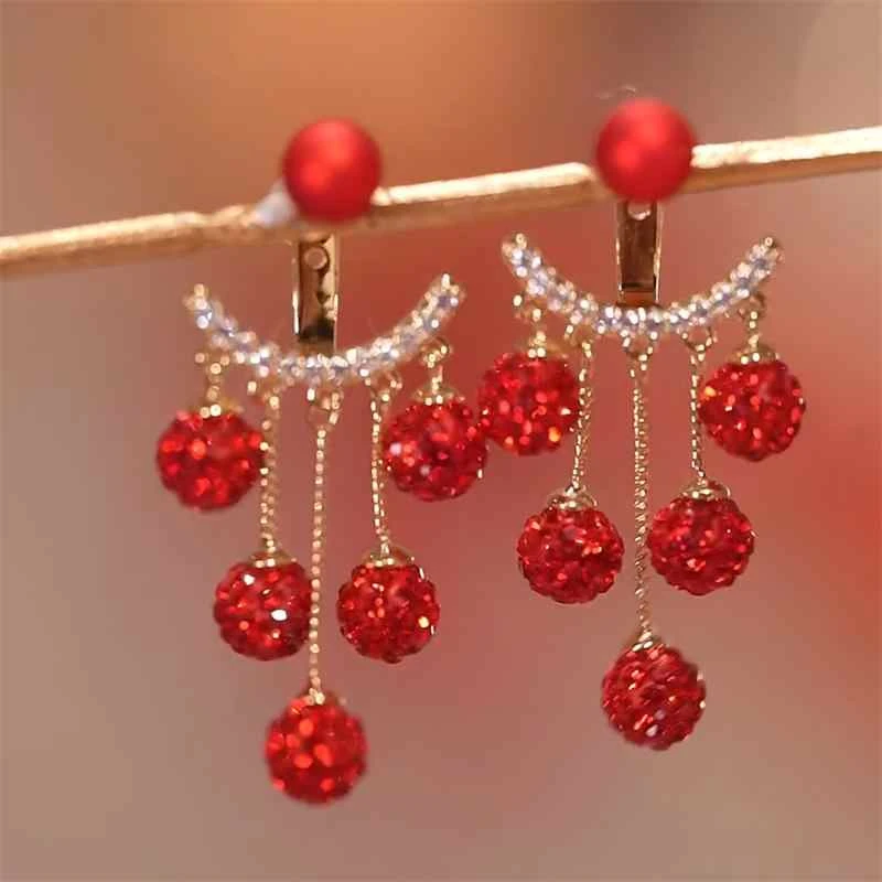铜合金合成锆石耳饰 一款两戴红钻球流苏耳环2025年新款气质耳饰