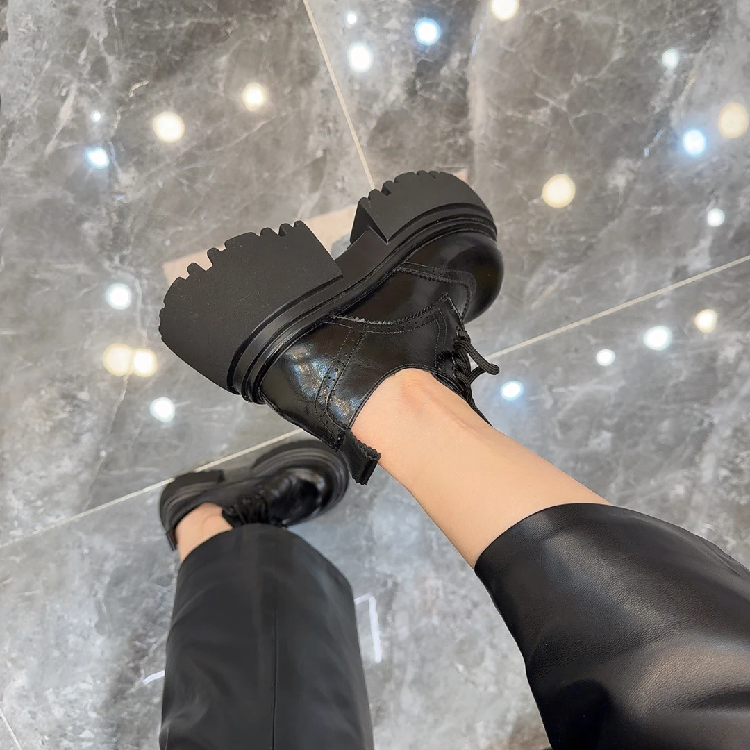 新款百搭时尚真皮系带厚底粗跟小皮鞋英伦风乐福鞋女796-5