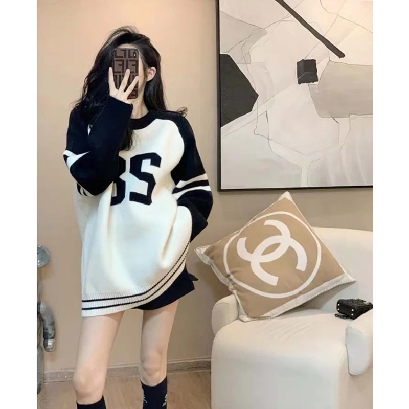 网红慵懒风卫衣女秋冬百搭宽松白色拼接撞色时尚休闲韩版圆领上衣