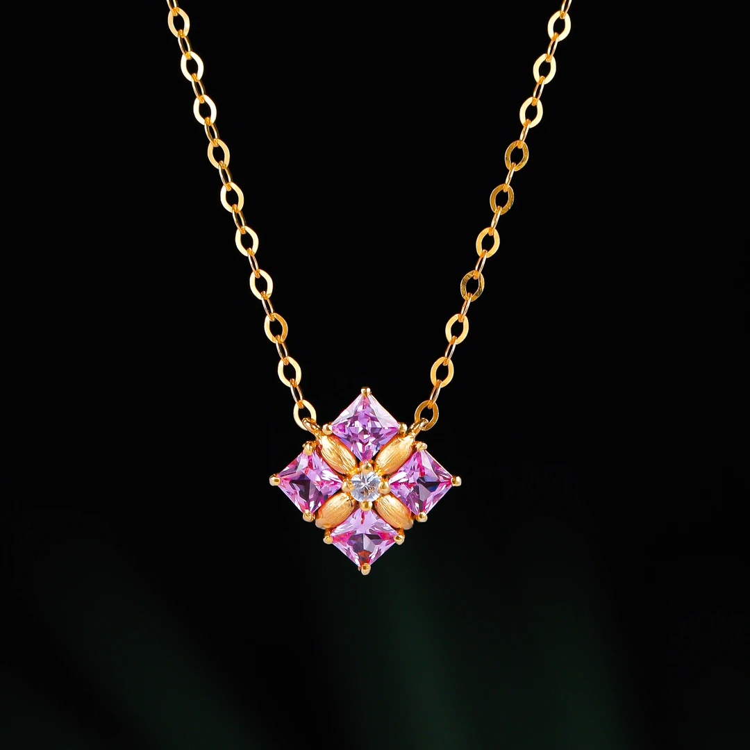 18K金镶嵌0.644ct粉蓝宝四叶草套链HNZ14026