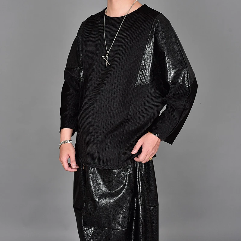 暗黑发型师个性拼接PU长袖上衣秋冬日韩系宽松潮流蝙蝠袖T恤男