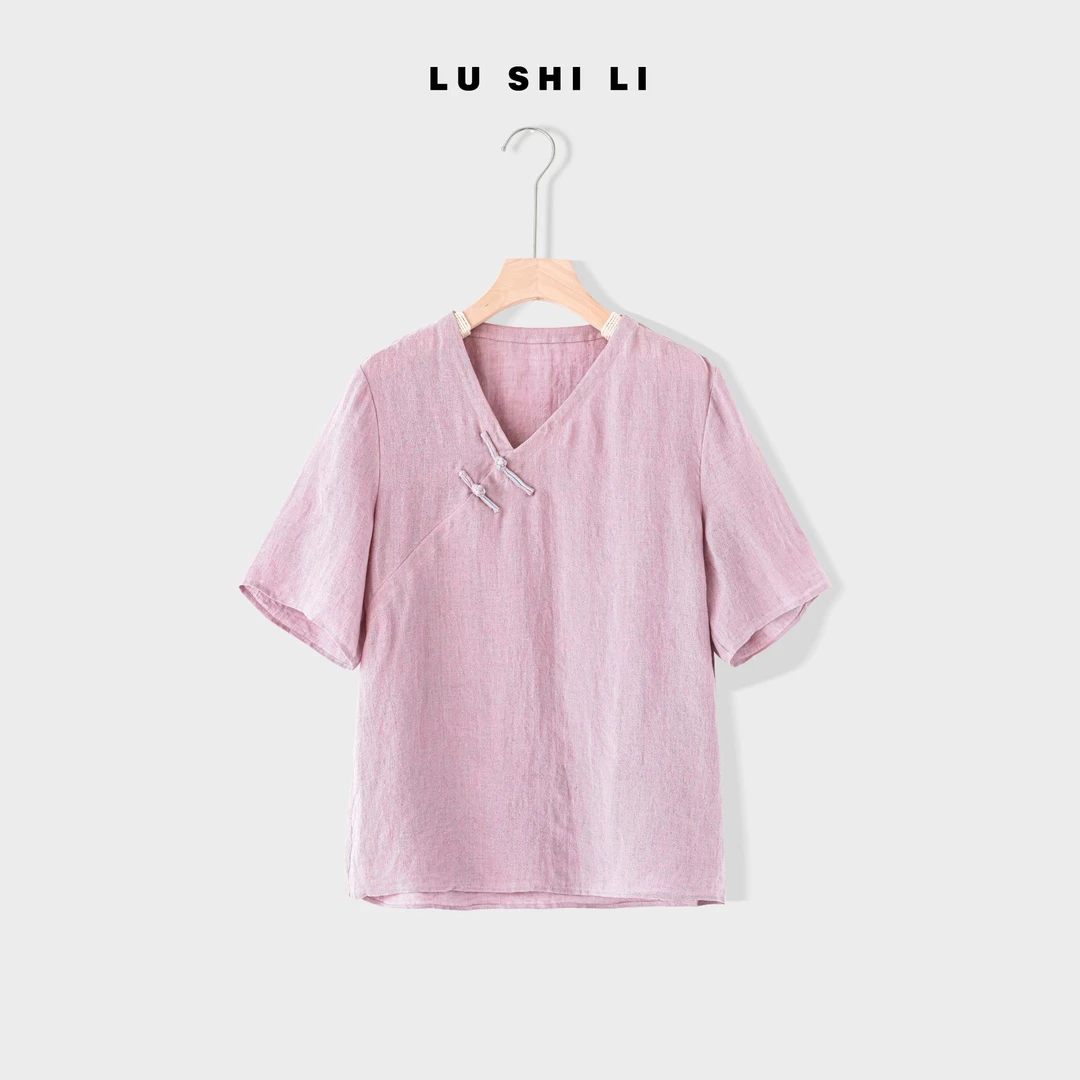 大宁女装 【伊犁】夏新款复古V领中式盘扣文艺衬衣气质女89153