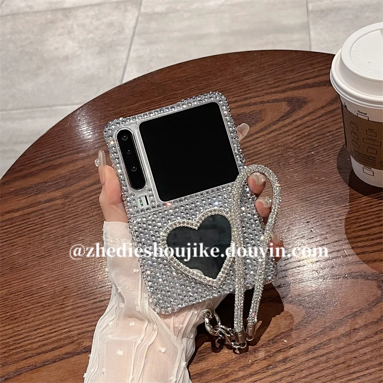 适用华为purax典藏版折叠屏手机壳高级感闪钻爱心镜子链条保护壳