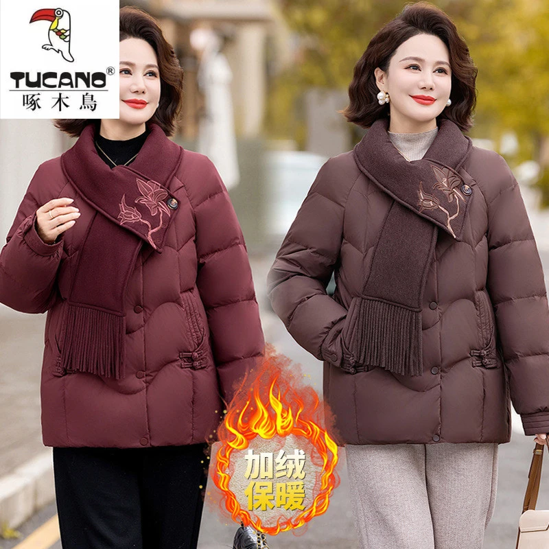 啄木鸟感围巾领棉袄妈妈冬装服中年秋冬棉衣外套加