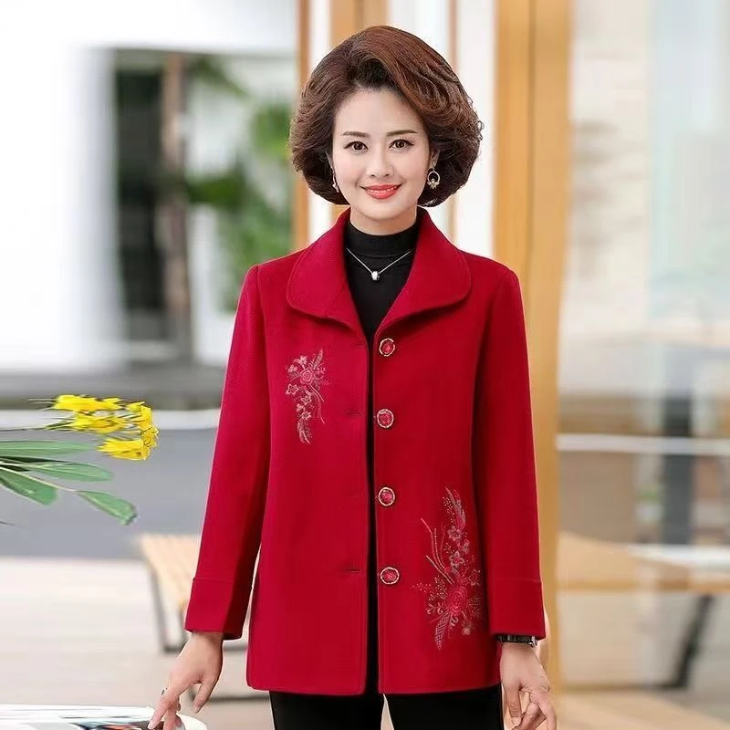 11402-秋新款绣花外套中老年春秋宽松妈妈呢子上衣外套秋【D仓】